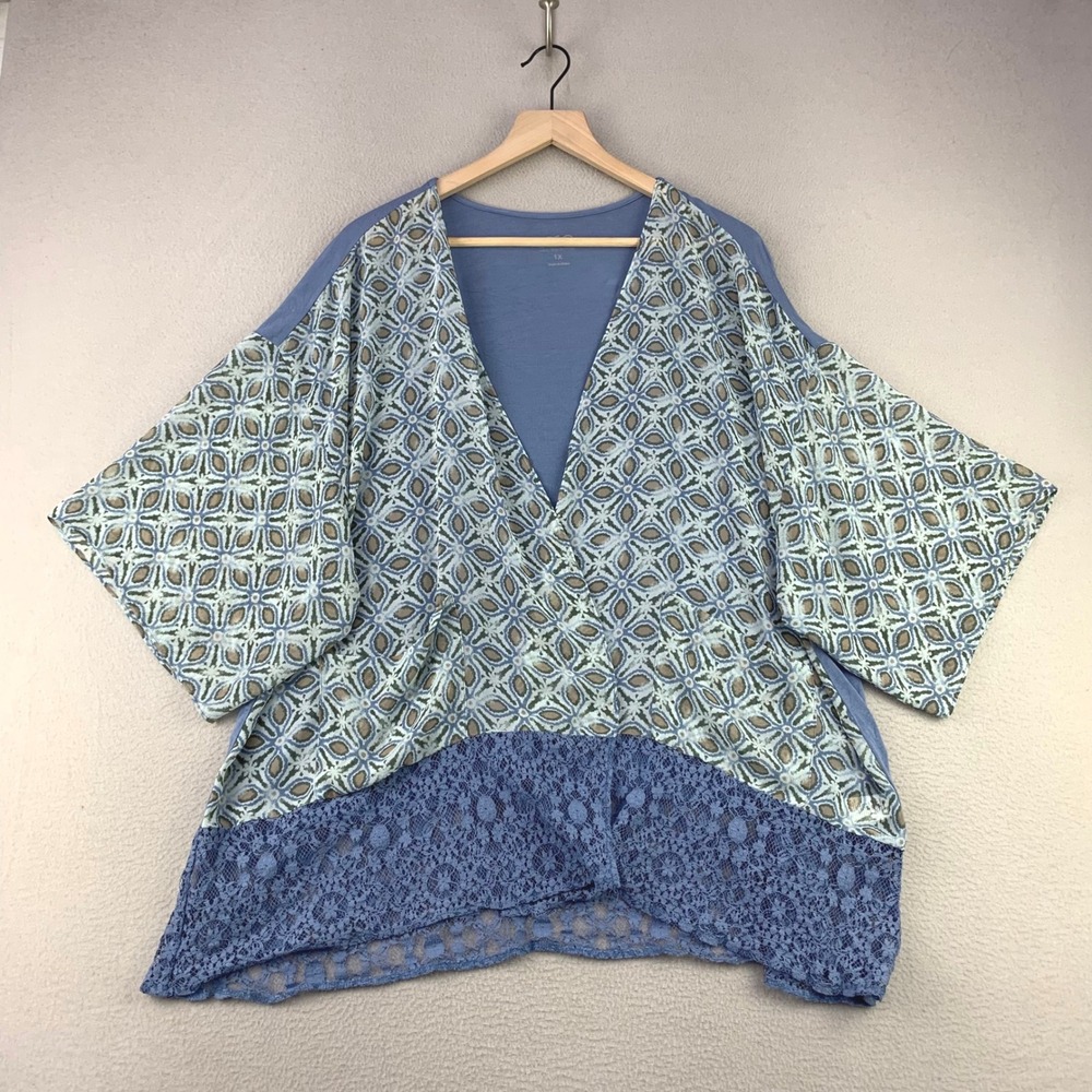 LOGO Lori Goldstein Mixed Media Kimono Top Womens 1X Blue Lace Boho Geometric